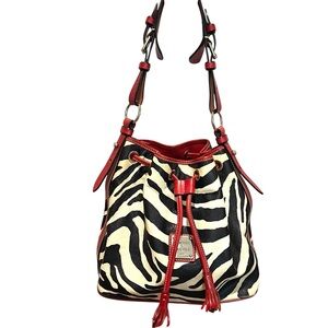 DOONEY BOURKE Tasha Zebra Drawstring Bucket Bag Red Leather Buckle Strap